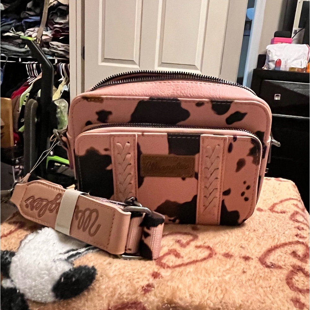 PINK COW PRINT CROSSBODY BAG W/ crossover guitar strap.